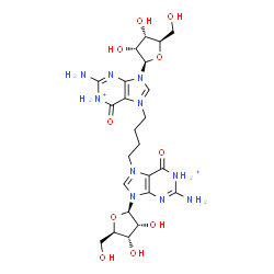 ChemSpider 2D Image | 2-amino-7-[4-[2-amino-9-[(2R,3R,4S,5R)-3,4-dihydroxy-5-(hydroxymethyl)tetrahydrofuran-2-yl]-6-oxo-purin-1-ium-7-yl]butyl]-9-[(2R,3R,4S,5R)-3,4-dihydroxy-5-(hydroxymethyl)tetrahydrofuran-2-yl]purin-1-ium-6-one | C24H34N10O10