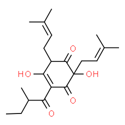 ChemSpider 2D Image | 2,5-Dihydroxy-4-(2-methylbutanoyl)-2,6-bis(3-methyl-2-buten-1-yl)-4-cyclohexene-1,3-dione | C21H30O5