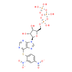 ChemSpider 2D Image | 9H-Purine, 6-((2,4-dinitrophenyl)thio)-9-(5-O-(hydroxy((hydroxy(phosphonooxy)phosphinyl)oxy)phosphinyl)-beta-D-ribofuranosyl)- | C16H17N6O17P3S