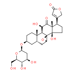 ChemSpider 2D Image | (3beta,5beta,7beta,11beta)-3-[(2-Deoxy-beta-D-arabino-hexopyranosyl)oxy]-11,14-dihydroxy-12-oxo-7,8-epoxycard-20(22)-enolide | C29H40O11
