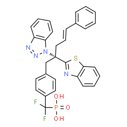 ChemSpider 2D Image | [{4-[(2S,4E)-2-(1,3-Benzothiazol-2-yl)-2-(1H-benzotriazol-1-yl)-5-phenyl-4-penten-1-yl]phenyl}(difluoro)methyl]phosphonic acid | C31H25F2N4O3PS