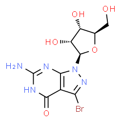 ChemSpider 2D Image | 6-Amino-3-bromo-1-beta-D-ribofuranosylpyrazolo(3,4-d)pyrimidin-4(5H)-one | C10H12BrN5O5