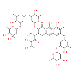 ChemSpider 2D Image | 5-Deoxy-1-C-(7-{[2,6-dideoxy-3-O-(2,6-dideoxyhexopyranosyl)hexopyranosyl]oxy}-3-{[2,6-dideoxy-3-C-methylhexopyranosyl-(1->3)-2,6-dideoxyhexopyranosyl-(1->3)-2,6-dideoxyhexopyranosyl]oxy}-5,10-dihydrox
y-6-methyl-4-oxo-1,2,3,4-tetrahydro-2-anthracenyl)-1-O-methylpent-2-ulose | C52H76O24