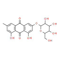 ChemSpider 2D Image | 4,5-Dihydroxy-7-methyl-9,10-dioxo-9,10-dihydro-2-anthracenyl hexopyranoside | C21H20O10