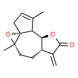 ChemSpider 2D Image | (3aR,4aS,6aS,9aS)-1,4a-Dimethyl-7-methylene-5,6,6a,7,9a,9b-hexahydro-3H-oxireno[8,8a]azuleno[4,5-b]furan-8(4aH)-one | C15H18O3
