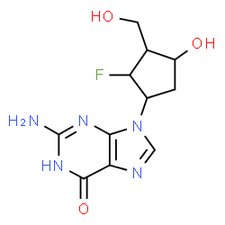 ChemSpider 2D Image | 2-Amino-9-[2-fluoro-4-hydroxy-3-(hydroxymethyl)cyclopentyl]-1,9-dihydro-6H-purin-6-one | C11H14FN5O3