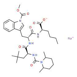 ChemSpider 2D Image | Sodium N-[(2,6-dimethyl-1-piperidinyl)carbonyl]-4-methyl-L-leucyl-N-[(1R)-1-carboxylatopentyl]-1-(methoxycarbonyl)-D-tryptophanamide | C34H50N5NaO7