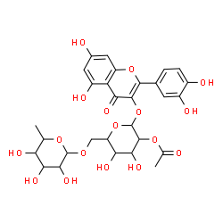 ChemSpider 2D Image | 2-(3,4-Dihydroxyphenyl)-5,7-dihydroxy-4-oxo-4H-chromen-3-yl 2-O-acetyl-6-O-(6-deoxyhexopyranosyl)hexopyranoside | C29H32O17