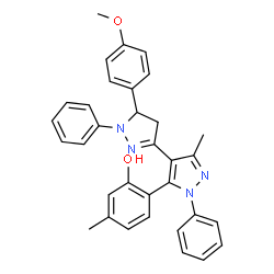 ChemSpider 2D Image | 2-[5-(4-Methoxyphenyl)-3'-methyl-1,1'-diphenyl-4,5-dihydro-1H,1'H-3,4'-bipyrazol-5'-yl]-5-methylphenol | C33H30N4O2