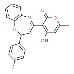 ChemSpider 2D Image | 3-[2-(4-Fluorophenyl)-2,3-dihydro-1,5-benzothiazepin-4-yl]-4-hydroxy-6-methyl-2H-pyran-2-one | C21H16FNO3S