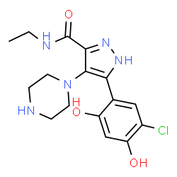 ChemSpider 2D Image | 5-(5-CHLORO-2,4-DIHYDROXYPHENYL)-N-ETHYL-4-PIPERAZIN-1-YL-1H-PYRAZOLE-3-CARBOXAMIDE | C16H20ClN5O3