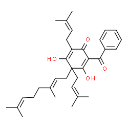 ChemSpider 2D Image | 2,5-Cyclohexadien-1-one, 2-benzoyl-4-(3,7-dimethyl-2,6-octadienyl)-3,5-dihydroxy-4,6-bis(3-methyl-2-butenyl)- | C33H42O4