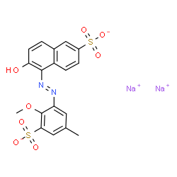 ChemSpider 2D Image | 2-Naphthalenesulfonic acid, 6-hydroxy-5-((2-methoxy-5-methyl-3-sulfophenyl)azo)-, disodium salt | C18H14N2Na2O8S2