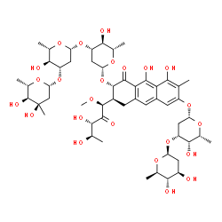 ChemSpider 2D Image | (1S)-5-Deoxy-1-C-[(2S,3S)-7-{[2,6-dideoxy-3-O-(2,6-dideoxy-beta-D-arabino-hexopyranosyl)-beta-D-lyxo-hexopyranosyl]oxy}-3-{[2,6-dideoxy-3-C-methyl-beta-L-ribo-hexopyranosyl-(1->3)-2,6-dideoxy-beta-L-a
rabino-hexopyranosyl-(1->3)-2,6-dideoxy-beta-L-arabino-hexopyranosyl]oxy}-5,10-dihydroxy-6-methyl-4-oxo-1,2,3,4-tetrahydro-2-anthracenyl]-1-O-methyl-D-xylulose | C52H76O24