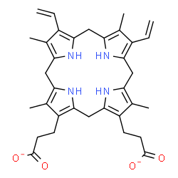 ChemSpider 2D Image | 7,12-diethenyl-3,8,13,17-tetramethyl-5,10,15,20,22,24-hexahydroporphyrin-2,18-dipropanoate | C34H38N4O4
