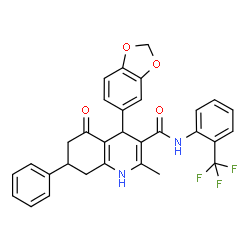 ChemSpider 2D Image | 4-(1,3-Benzodioxol-5-yl)-2-methyl-5-oxo-7-phenyl-N-[2-(trifluoromethyl)phenyl]-1,4,5,6,7,8-hexahydro-3-quinolinecarboxamide | C31H25F3N2O4