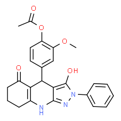 ChemSpider 2D Image | 4-(3-Hydroxy-5-oxo-2-phenyl-2,4,5,6,7,8-hexahydro-1H-pyrazolo[3,4-b]quinolin-4-yl)-2-methoxyphenyl acetate | C25H23N3O5
