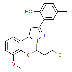 ChemSpider 2D Image | 2-{7-Methoxy-5-[2-(methylsulfanyl)ethyl]-1,10b-dihydropyrazolo[1,5-c][1,3]benzoxazin-2-yl}-4-methylphenol | C21H24N2O3S