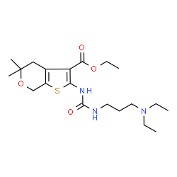 ChemSpider 2D Image | Ethyl 2-({[3-(diethylamino)propyl]carbamoyl}amino)-5,5-dimethyl-4,7-dihydro-5H-thieno[2,3-c]pyran-3-carboxylate | C20H33N3O4S