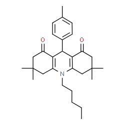 ChemSpider 2D Image | 3,3,6,6-Tetramethyl-9-(4-methylphenyl)-10-pentyl-3,4,6,7,9,10-hexahydro-1,8(2H,5H)-acridinedione | C29H39NO2