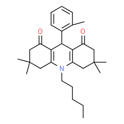 ChemSpider 2D Image | 3,3,6,6-Tetramethyl-9-(2-methylphenyl)-10-pentyl-3,4,6,7,9,10-hexahydro-1,8(2H,5H)-acridinedione | C29H39NO2