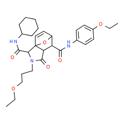 ChemSpider 2D Image | N~2~-Cyclohexyl-N~6~-(4-ethoxyphenyl)-3-(3-ethoxypropyl)-4-oxo-10-oxa-3-azatricyclo[5.2.1.0~1,5~]dec-8-ene-2,6-dicarboxamide | C29H39N3O6