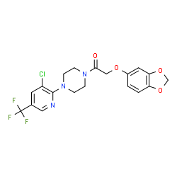 ChemSpider 2D Image | 2-(1,3-benzodioxol-5-yloxy)-1-{4-[3-chloro-5-(trifluoromethyl)pyridin-2-yl]piperazino}ethan-1-one | C19H17ClF3N3O4