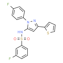 ChemSpider 2D Image | 3-Fluoro-N-[1-(4-fluorophenyl)-3-(2-thienyl)-1H-pyrazol-5-yl]benzenesulfonamide | C19H13F2N3O2S2