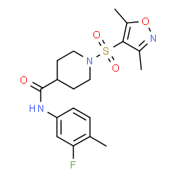 ChemSpider 2D Image | 1-[(3,5-Dimethyl-1,2-oxazol-4-yl)sulfonyl]-N-(3-fluoro-4-methylphenyl)-4-piperidinecarboxamide | C18H22FN3O4S
