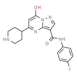 ChemSpider 2D Image | N-(4-Fluorophenyl)-7-hydroxy-5-(4-piperidinyl)pyrazolo[1,5-a]pyrimidine-3-carboxamide | C18H18FN5O2