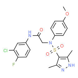 ChemSpider 2D Image | N-(3-Chloro-4-fluorophenyl)-N~2~-[(3,5-dimethyl-1H-pyrazol-4-yl)sulfonyl]-N~2~-(4-methoxyphenyl)glycinamide | C20H20ClFN4O4S