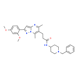 ChemSpider 2D Image | N-(1-Benzyl-4-piperidinyl)-3-[2-(2,4-dimethoxyphenyl)-5,7-dimethylpyrazolo[1,5-a]pyrimidin-6-yl]propanamide | C31H37N5O3