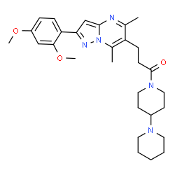 ChemSpider 2D Image | 1-(1,4'-Bipiperidin-1'-yl)-3-[2-(2,4-dimethoxyphenyl)-5,7-dimethylpyrazolo[1,5-a]pyrimidin-6-yl]-1-propanone | C29H39N5O3