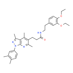 ChemSpider 2D Image | N-[2-(3,4-Diethoxyphenyl)ethyl]-3-[1-(3,4-dimethylphenyl)-3,4,6-trimethyl-1H-pyrazolo[3,4-b]pyridin-5-yl]propanamide | C32H40N4O3