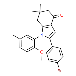 ChemSpider 2D Image | 2-(4-Bromophenyl)-1-(2-methoxy-5-methylphenyl)-6,6-dimethyl-1,5,6,7-tetrahydro-4H-indol-4-one | C24H24BrNO2