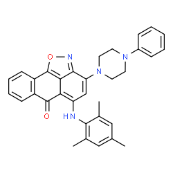 ChemSpider 2D Image | 5-(Mesitylamino)-3-(4-phenyl-1-piperazinyl)-6H-anthra[1,9-cd][1,2]oxazol-6-one | C33H30N4O2