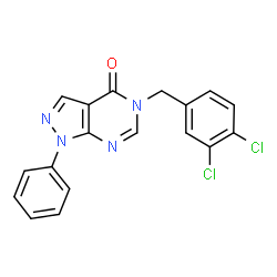 ChemSpider 2D Image | 5-(3,4-Dichlorobenzyl)-1-phenyl-1,5-dihydro-4H-pyrazolo[3,4-d]pyrimidin-4-one | C18H12Cl2N4O