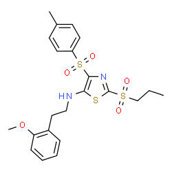 ChemSpider 2D Image | N-[2-(2-Methoxyphenyl)ethyl]-4-[(4-methylphenyl)sulfonyl]-2-(propylsulfonyl)-1,3-thiazol-5-amine | C22H26N2O5S3
