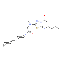 ChemSpider 2D Image | 2-{[2-(4-Cyclohexyl-1-piperazinyl)-2-oxoethyl](methyl)amino}-7-propyl-5H-[1,3,4]thiadiazolo[3,2-a]pyrimidin-5-one | C21H32N6O2S