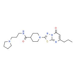 ChemSpider 2D Image | 1-(5-Oxo-7-propyl-5H-[1,3,4]thiadiazolo[3,2-a]pyrimidin-2-yl)-N-[3-(1-pyrrolidinyl)propyl]-4-piperidinecarboxamide | C21H32N6O2S