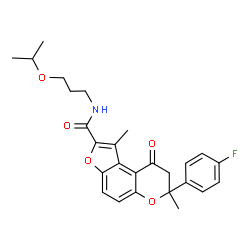 ChemSpider 2D Image | 7-(4-Fluorophenyl)-N-(3-isopropoxypropyl)-1,7-dimethyl-9-oxo-8,9-dihydro-7H-furo[3,2-f]chromene-2-carboxamide | C26H28FNO5