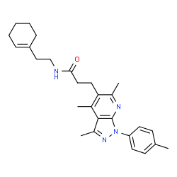ChemSpider 2D Image | N-[2-(1-Cyclohexen-1-yl)ethyl]-3-[3,4,6-trimethyl-1-(4-methylphenyl)-1H-pyrazolo[3,4-b]pyridin-5-yl]propanamide | C27H34N4O