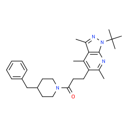 ChemSpider 2D Image | 1-(4-Benzyl-1-piperidinyl)-3-[3,4,6-trimethyl-1-(2-methyl-2-propanyl)-1H-pyrazolo[3,4-b]pyridin-5-yl]-1-propanone | C28H38N4O