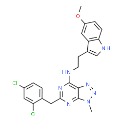 ChemSpider 2D Image | 5-[(2,4-dichlorophenyl)methyl]-N-[2-(5-methoxy-1H-indol-3-yl)ethyl]-3-methyl-triazolo[4,5-e]pyrimidin-7-amine | C23H21Cl2N7O