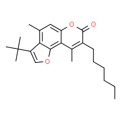 ChemSpider 2D Image | 8-Hexyl-4,9-dimethyl-3-(2-methyl-2-propanyl)-7H-furo[2,3-f]chromen-7-one | C23H30O3