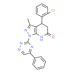 ChemSpider 2D Image | 4-(2-Chlorophenyl)-3-methyl-1-(5-phenyl-1,2,4-triazin-3-yl)-1,4,5,7-tetrahydro-6H-pyrazolo[3,4-b]pyridin-6-one | C22H17ClN6O