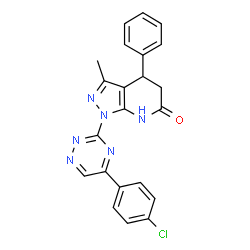 ChemSpider 2D Image | 1-[5-(4-Chlorophenyl)-1,2,4-triazin-3-yl]-3-methyl-4-phenyl-1,4,5,7-tetrahydro-6H-pyrazolo[3,4-b]pyridin-6-one | C22H17ClN6O
