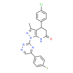 ChemSpider 2D Image | 4-(4-Chlorophenyl)-1-[5-(4-fluorophenyl)-1,2,4-triazin-3-yl]-3-methyl-1,4,5,7-tetrahydro-6H-pyrazolo[3,4-b]pyridin-6-one | C22H16ClFN6O