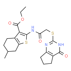 ChemSpider 2D Image | Ethyl 6-methyl-2-({[(4-oxo-4,5,6,7-tetrahydro-1H-cyclopenta[d]pyrimidin-2-yl)sulfanyl]acetyl}amino)-4,5,6,7-tetrahydro-1-benzothiophene-3-carboxylate | C21H25N3O4S2