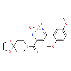 ChemSpider 2D Image | [5-(2,5-Dimethoxyphenyl)-2-methyl-1,1-dioxido-2H-1,2,6-thiadiazin-3-yl](1,4-dioxa-8-azaspiro[4.5]dec-8-yl)methanone | C20H25N3O7S